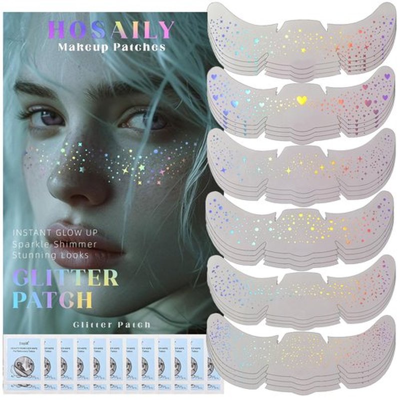 HOSAILY 24 pcs Holographic Multichrome Glitter Freckles Face Tattoo, Waterproof Sparkle Face Glitter Speckles Patches for Women, Cute Star Glitter Temporary Tattoo Makeup Accessories for Festival Rave