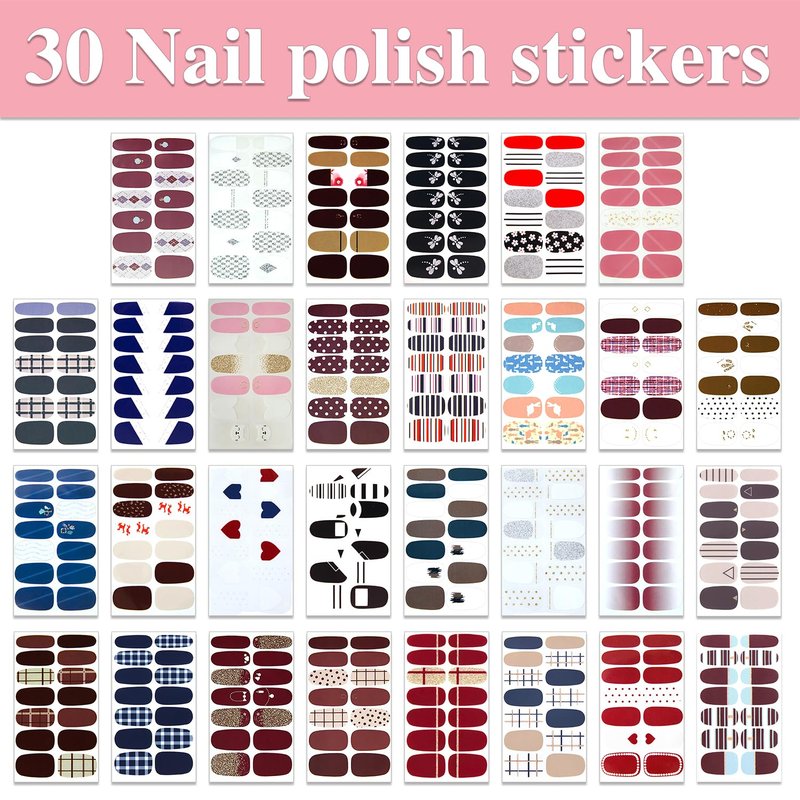 WOKOTO 30 Sheets Full Nail Stickers Mix Design Nail Polish Strips Glitter Nail Art Stickers For Women Nails With Nail File Self Adhesive Gel Nail Strips Nail Design Stickers Nail Color Strips Wraps