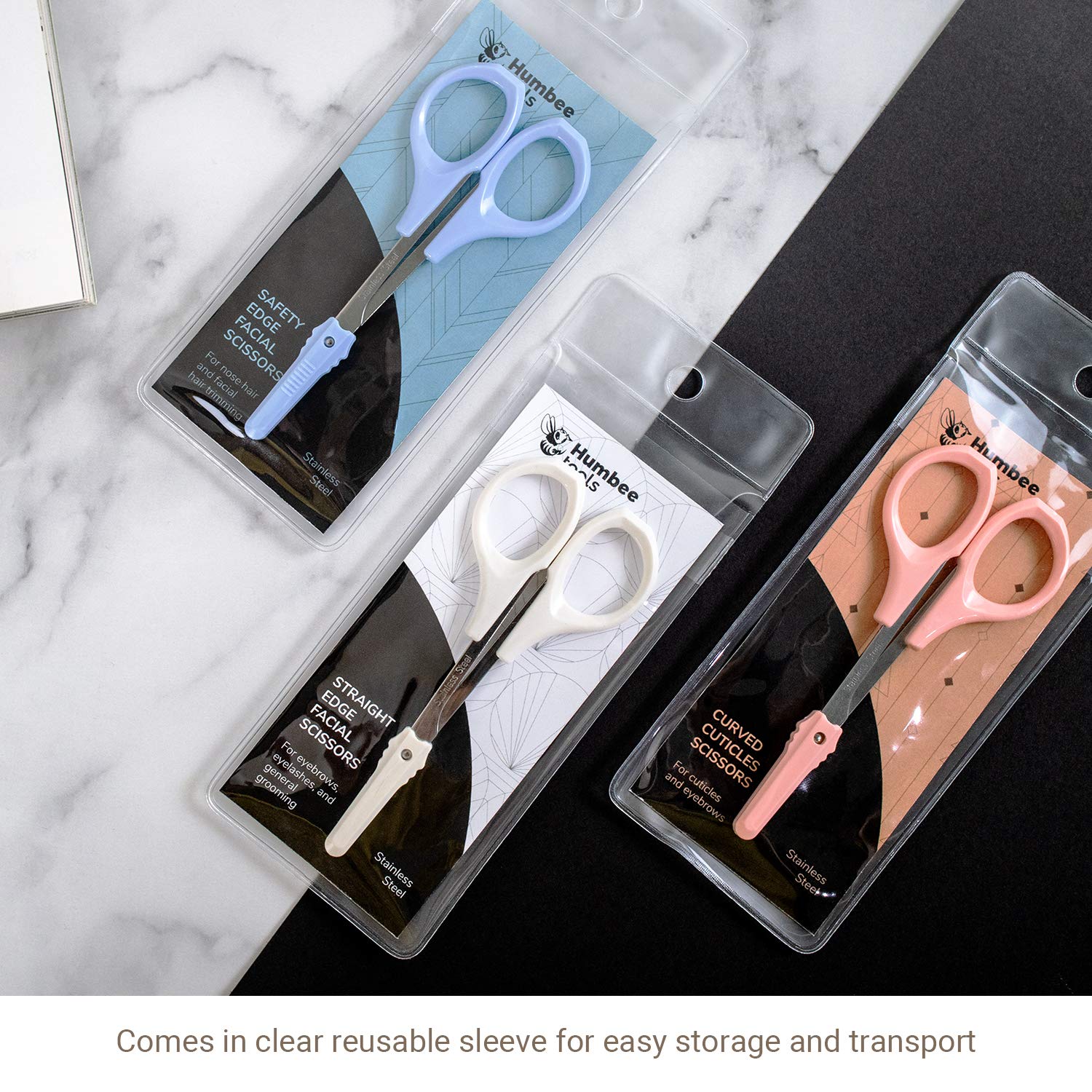 Humbee Eyebrow Scissors Self Care Tools Small Scissors for Facial, Nose, Eyebrow, Mustache, and Beard Hair Trimming & Grooming, Straight Edge, White Short Cap