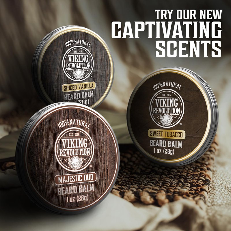 Viking Revolution Beard Balm Variety Pack - Styles, Strengthens & Softens | 1oz Each - Sandalwood, Pine & Cedar, Bay Rum, Clary Sage