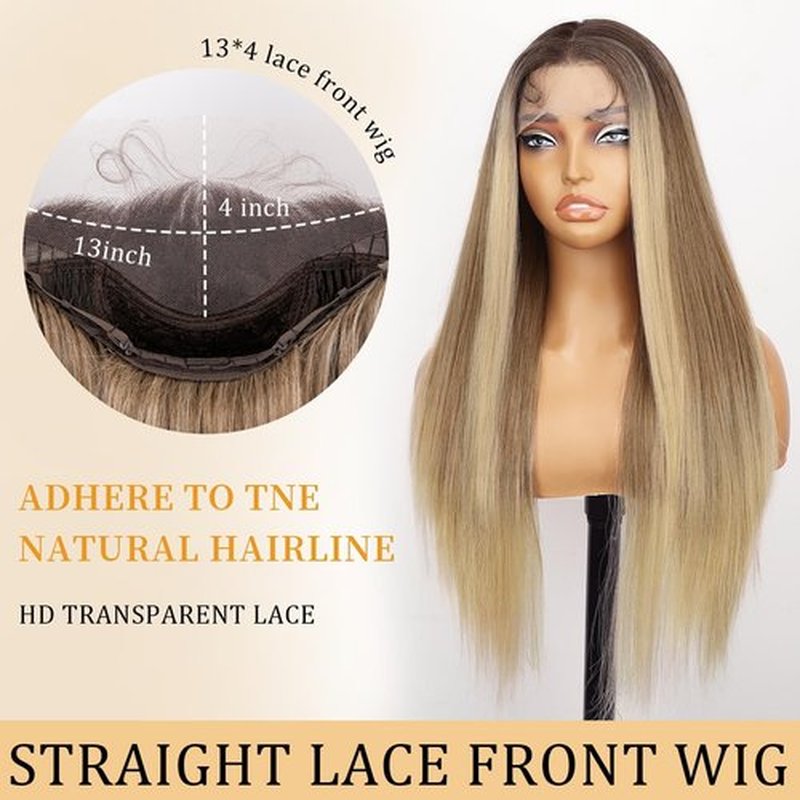 AISI HAIR 13x4 Ombre Blonde Straight Lace Front Wig for Women Synthetic Pre Plucked Blonde Glueless Wig With Baby Hair for Beginner Friendly 28inch