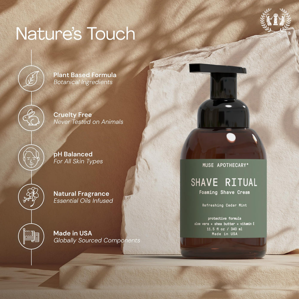 Muse Apothecary Foaming Shave Ritual - Natural Shaving Cream Sensitive Skin - Womens Shaving Cream Mens Shave Cream - Protective Formula Aloe Vera + Shea Butter + Vitamin E - 11.5oz