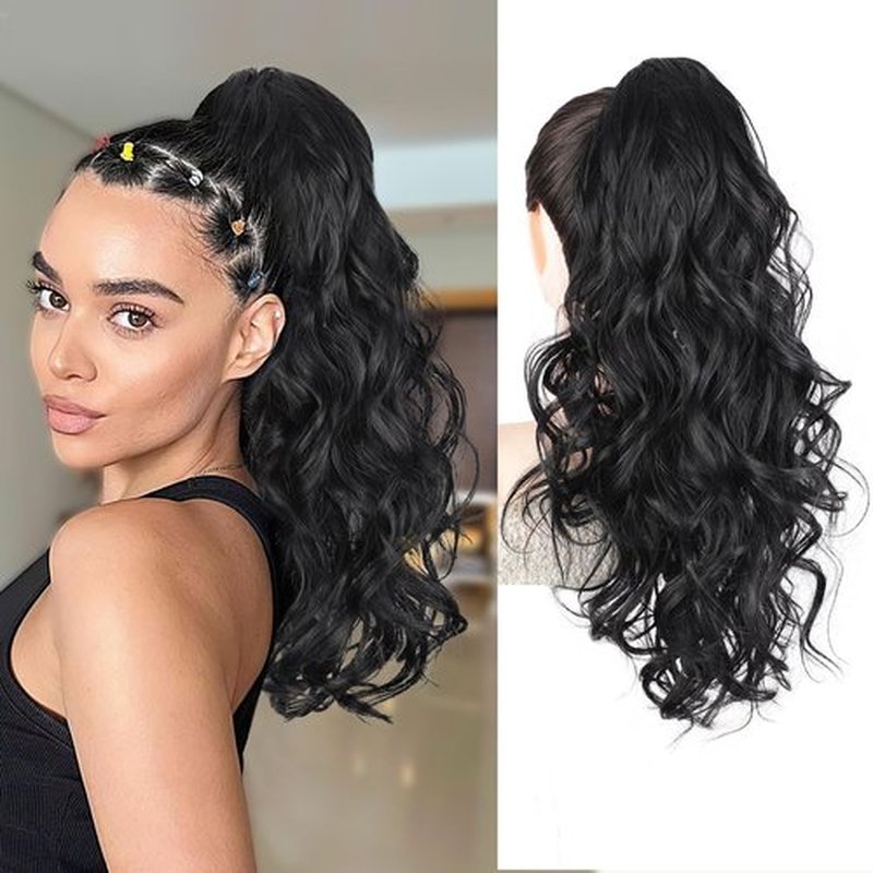 AISI BEAUTY Black Ponytail Extension, 20 inch Long Wavy Curly Claw Clip Ponytail Hair Extensions, Natural Synthetic Hairpiece for Women Daily Wear