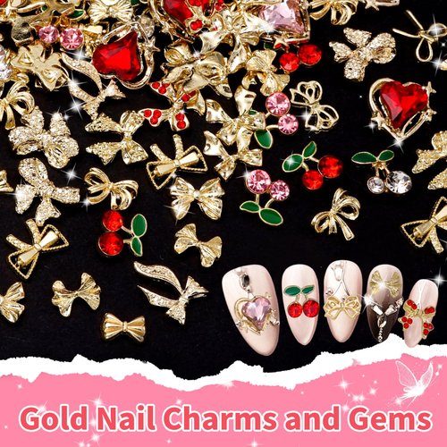 Tatiwoo 96 Pcs Gold Bows Nail Charms, Cherry Heart Bow Nail Rhinestones and Charms, Multi Shapes Golden Nails Bowknot Charm Gems for Nails Art Supplies