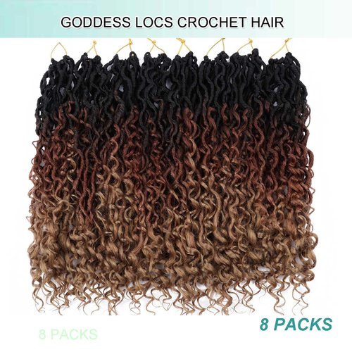 8 Packs Goddess Locs Crochet Hair 14 Inch, Boho Style Locs Pre Looped with Curly Ends, Faux Locs Crochet Hair for Black Women 1B/30/27