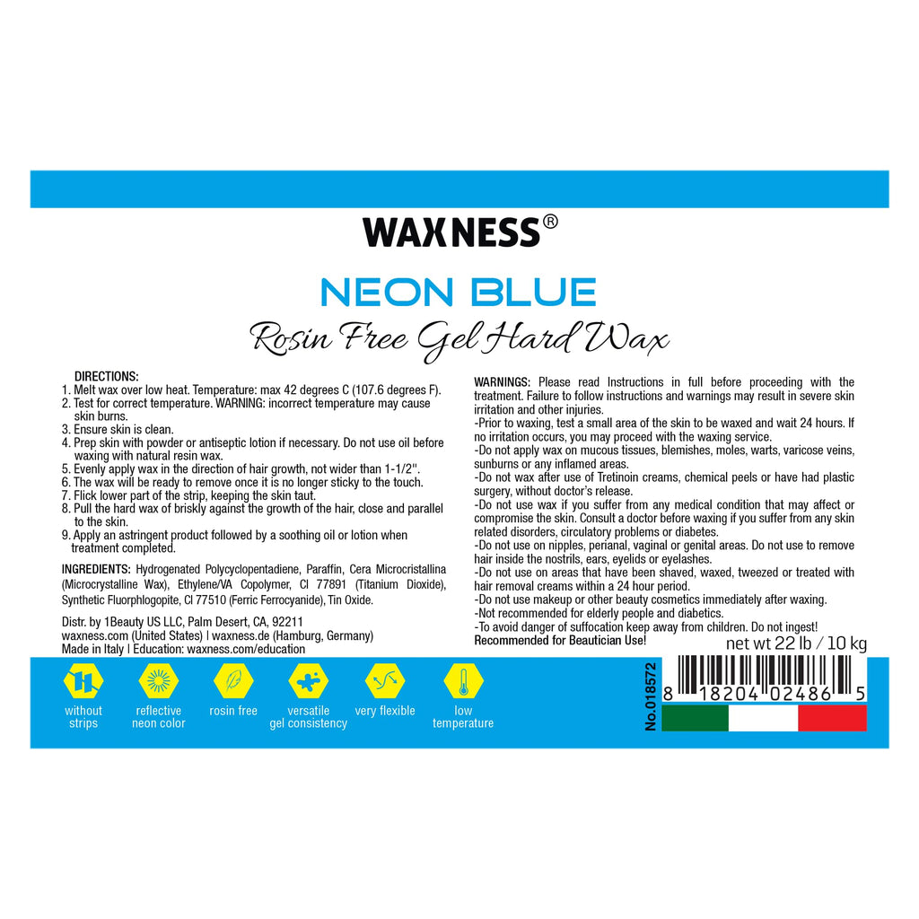 Waxness Neon Series Blue Hard Wax Beads Bulk 22 lb (10 kg) – Rosin-Free Stripless Hard Wax with Creamy Gel Texture and High Visibility, Salon Use – Made in Italy