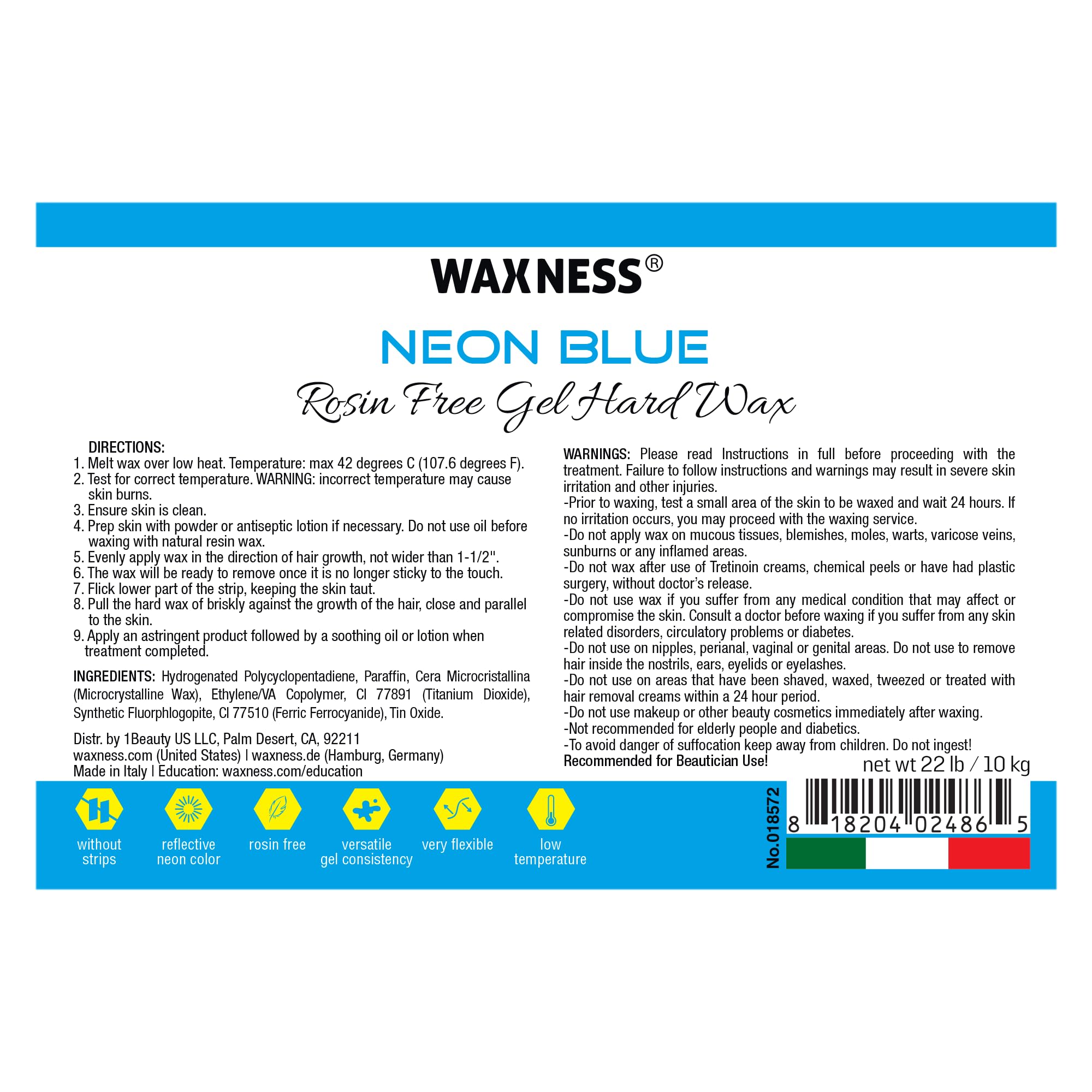 Waxness Neon Series Blue Hard Wax Beads Bulk 22 lb (10 kg) – Rosin-Free Stripless Hard Wax with Creamy Gel Texture and High Visibility, Salon Use – Made in Italy