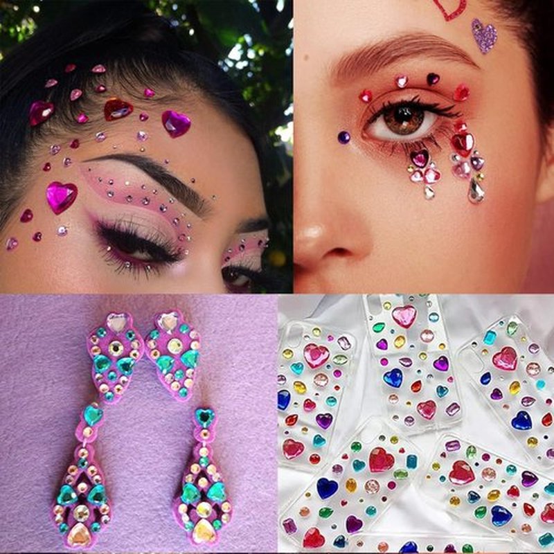 808 Pieces Heart Rhinestones Stickers Self Adhesive Flat-Back Acrylic Heart Gems Jewels Stickers for Makeup Body Eye Nail Hair Rhinestones, Wedding Valentine's Day Decor DIY Craft