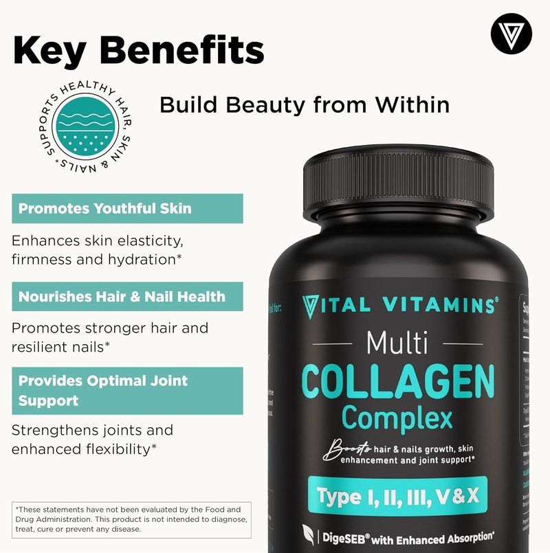 Vital Vitamins Multi Collagen Capsules - Type I, II, III, V, X - Grass Fed & Non-GMO - 150 Count