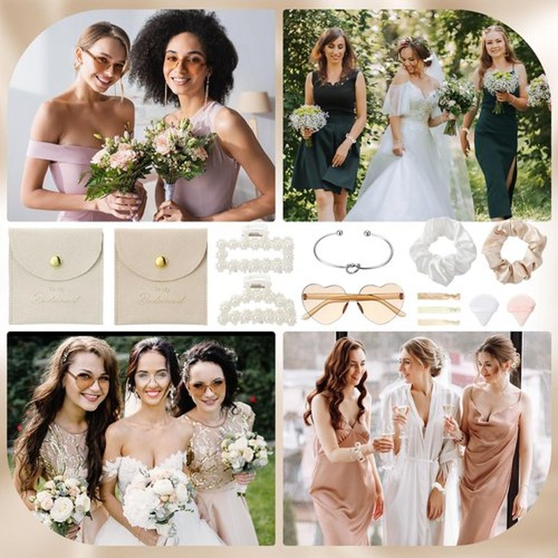 Fingertip WD 72 Pcs Bridesmaid Proposal Gift Including Bridesmaid Bridal Scrunchies Powder Puff Glasses Jewelry Bag Hairband Suitable for Wedding Gift