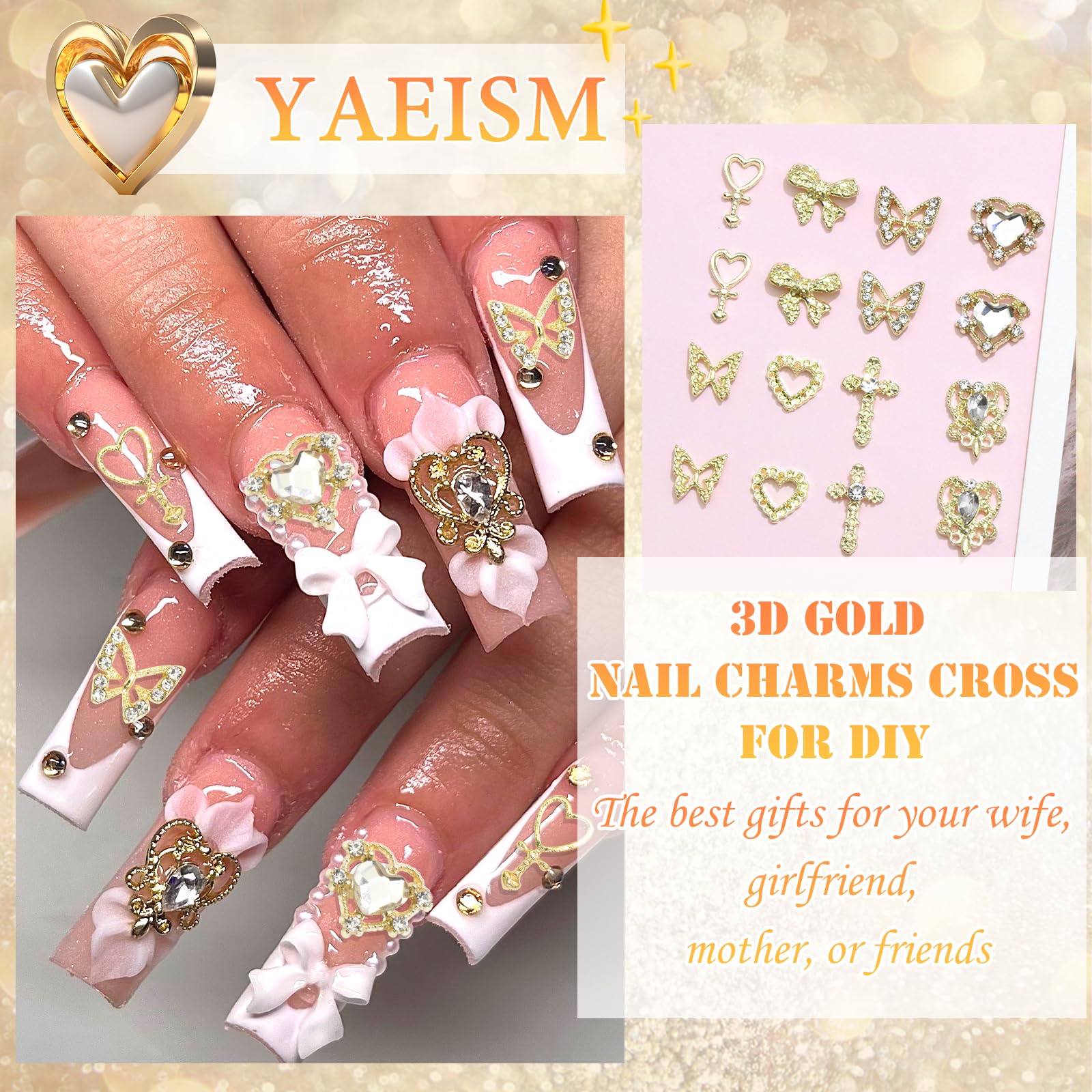 YAEISM 105PCS Gold Nail Charms 3D Gold Heart Nail Charm 8 Shapes Butterfly Charms for Nails Shiny Gold Nail Charms Cross Alloy Nail Bows for Nail Art and DIY Crafts Decoration