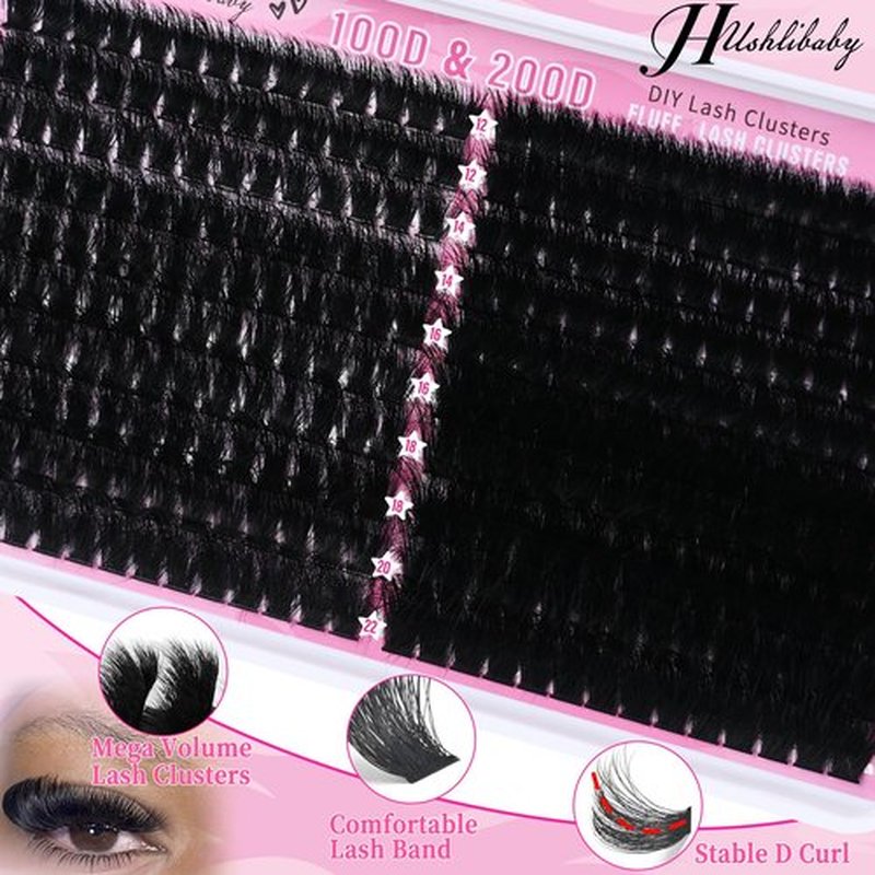 Lash Clusters 100D+200D Mega Thick Lashes Clusters 12-22mm Wispy Individual Thick Volume Lashes Cluster Eyelash Extensions 280Pcs DIY Lash Extension at Home, by Hushlibaby(Plant Fiber)