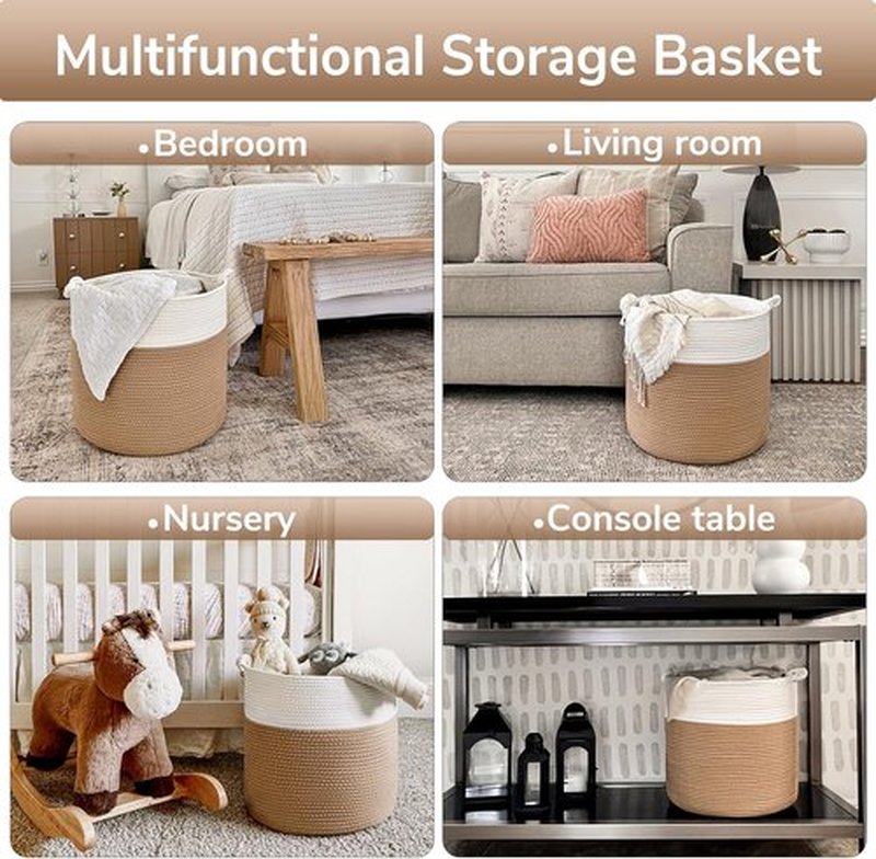 Goodpick Cotton Rope Storage Basket - 15 x 14.2 Inches | Stylish Jute Woven Organizer for Blankets & Toys - White