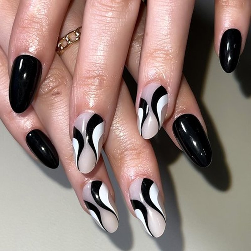 Fomkrio Black and White Swirl Print Short Press On Nails Almond Acrylic Fake Nails with Designs Spring Summer Nails for Women Girls, 15 Sizes - 30Pcs Manicure Nail Kit