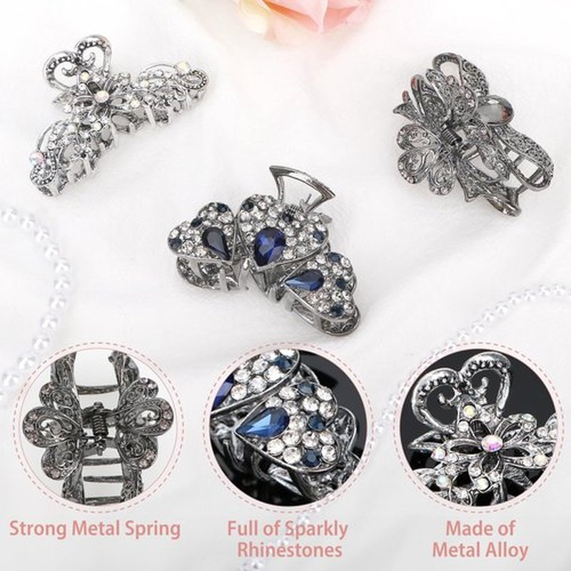 kilofly 3pc Vintage Crystal Hair Claw Clips Long Thick Hair Metal Clamps