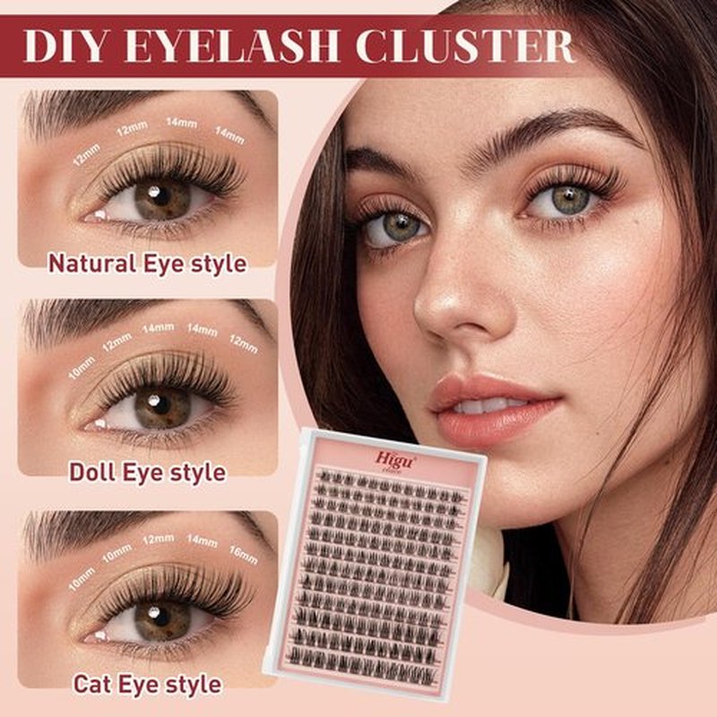 Higu clace Lash Clusters Kit, 144PCS Lashes Clusters Kit with Lash Bond and Seal, C Curl Wispy Cluster Eyelash Extensions Natural Look with Thin Band Easy to use for Beginners (A09）