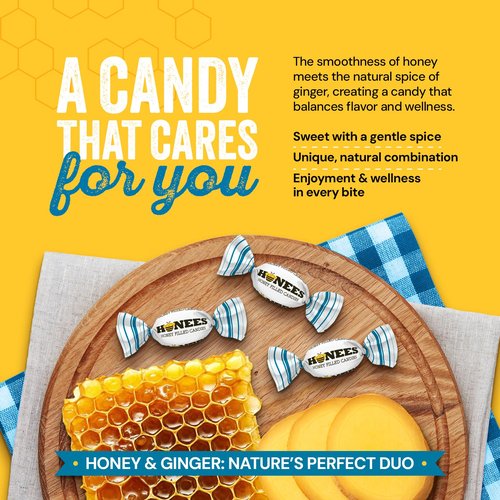 Honees Honey & Ginger Hard Candy - Natural Italian Treat with Real Honey & Ginger | 2.85 oz Pack