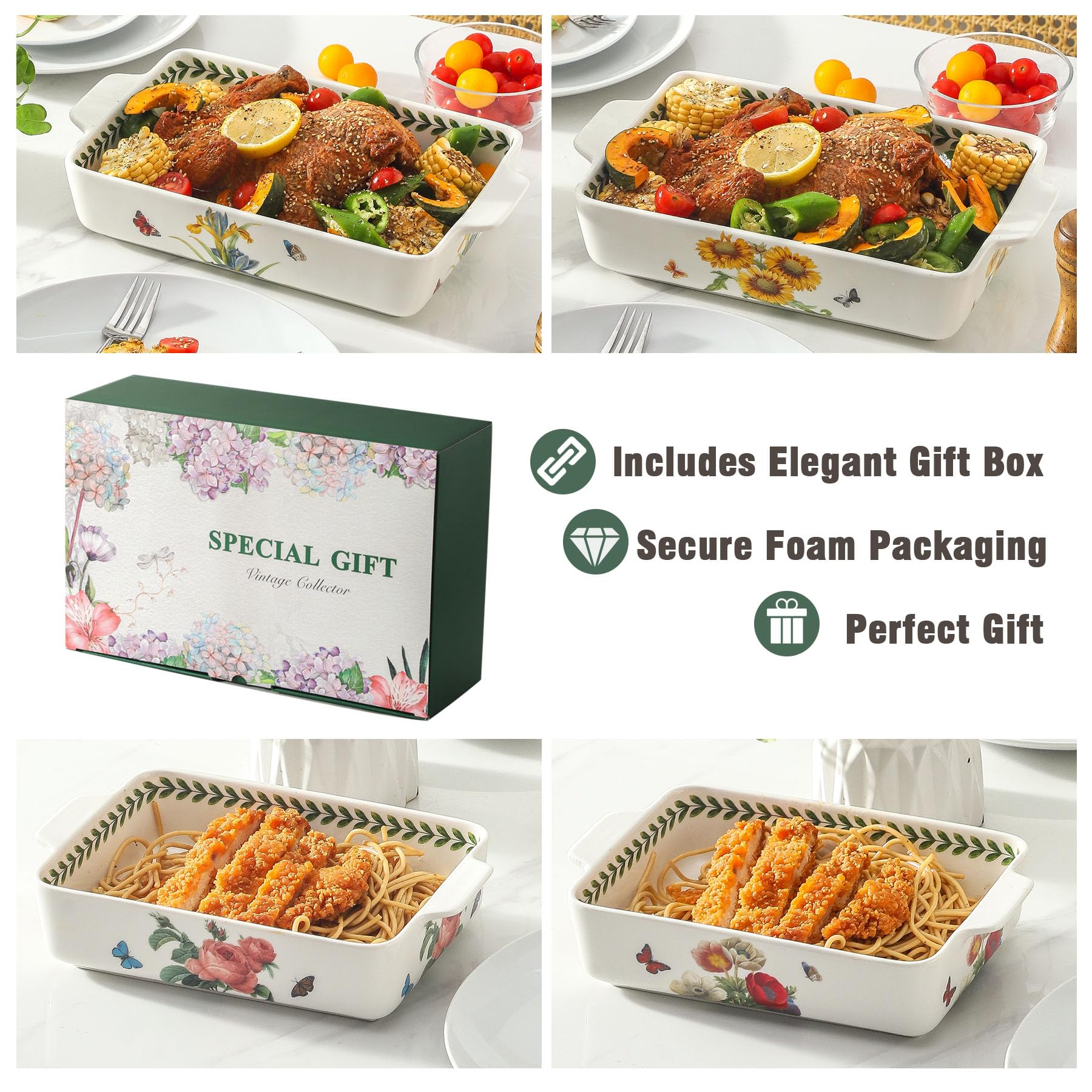 Howise Ceramic Papaver rhoeas Baking Casserole Dish with Handles, Large 2 pieces 8x13 inch & 6x10 inch Lasagna Baking Dish and Middle Flower Andplant Baking Pan,Porcelain Serving Bakeware Set