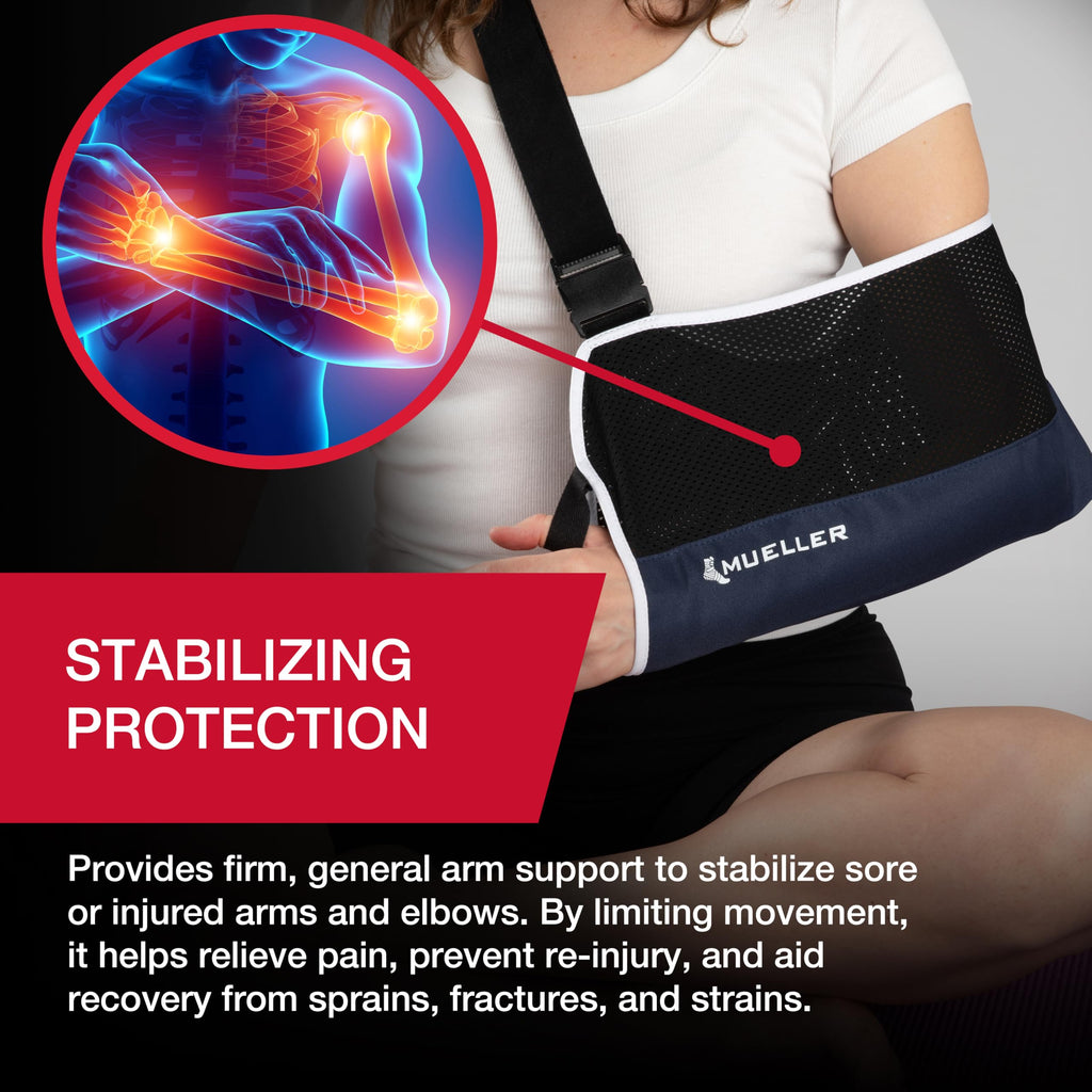 MUELLER Sports Medicine Adjustable Arm Sling - Comfortable Support for Left or Right Shoulder and Arm Injury, For Men and Women, Blue w/ Black Mesh, One Size Fits Most