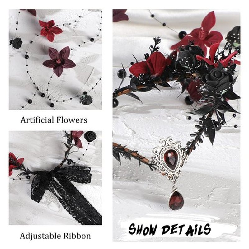 MOSTORY Black Fairy Flower Headpiece - Gothic Floral Headband Dark Elf Crown Medieval Floral Circlet for Witch Oufit Halloween Accessories Women Renaissance Faire Costume Cosplay