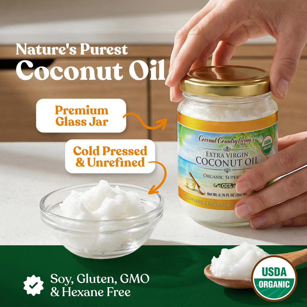 Coconut Country Living's Extra Virgin Coconut Oil - Cold Pressed, Unrefined organic Superfood for Hair, Skin, Beauty, Cooking - Keto & Paleo Diet Friendly - 6.76 oz