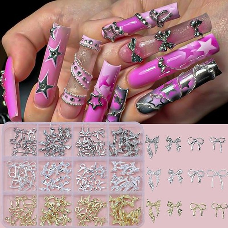 96Pcs/Box 3D Metal Bow Nail Art Charm Gold/Silver Alloy Bows Nail Charm for Nails Art 3D Alloy Bow Tie Jewelry Nail Rhinestone Kawaii Nail Crafts Decor DIY Accessories Manicure Designs Supplies