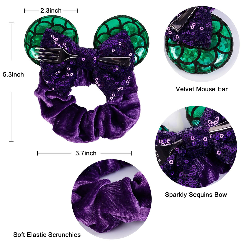 WOVOWOVO Mouse Ear Hair Scrunchies, 2 Count Mermaids Velvet Hair Ties for Ponytail, Cute Hair Accessories for Women and Girls, Purple