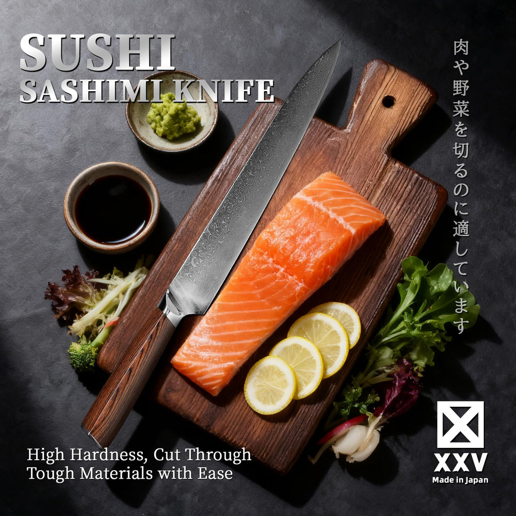 XXV 10 Inch Sashimi Knife, Steel VG10 Damascus Steel Hardness of 62 HRC Sushi Knives,Chef's Knife Knives with Sandalwood Handle for Fish Filleting yanagiknife