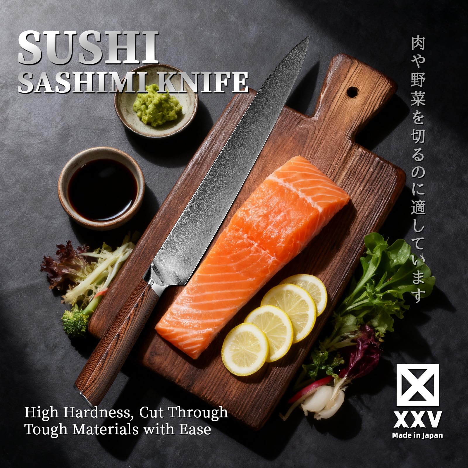 XXV 10 Inch Sashimi Knife, Steel VG10 Damascus Steel Hardness of 62 HRC Sushi Knives,Chef's Knife Knives with Sandalwood Handle for Fish Filleting yanagiknife