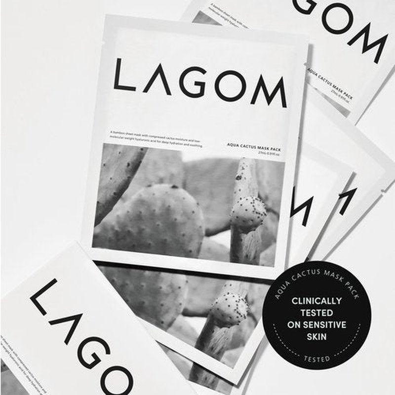 LAGOM Aqua Cactus Mask Pack- 5 Facial Sheet, Moisture Recharge, Cool Heated Skin, Red Sensitive Skin, Korean Skincare (0.91fl oz x 5 sheets)