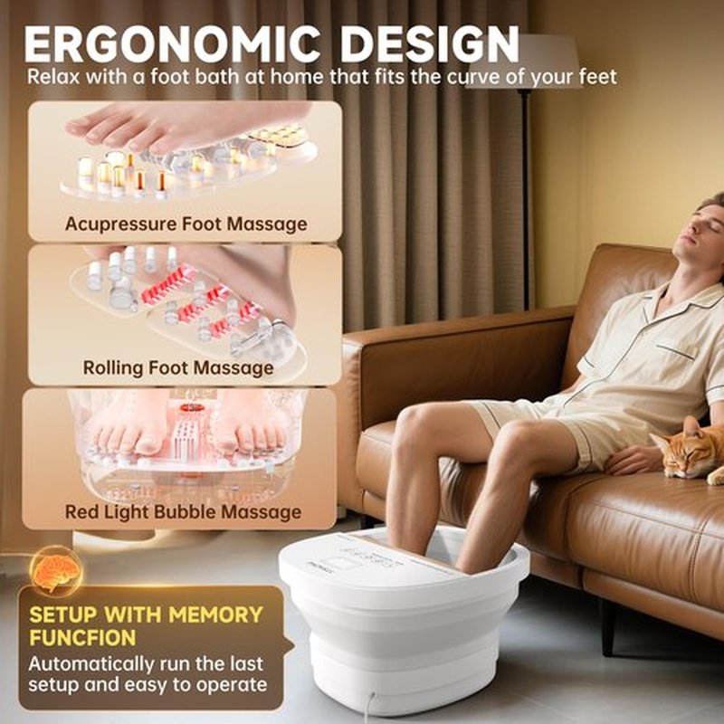 FTSAONG Collapasible Foot Spa Bath Massager with Heat, Pedicure Foot Spa with Bubbles and Jets/Timer/Temperature Control, Feet Soak Tub for Home, Office, Relaxation and Stress Relief (White)