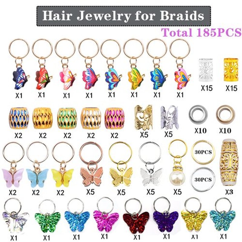 NAISKA 185Pcs Gold Butterfly Hair Jewelry for Braids Various Butterflies Hair Charms Locs Dreadlock Accessories Hair Decoration Metal Hair Cuffs Hair Rings Jewelry for Women