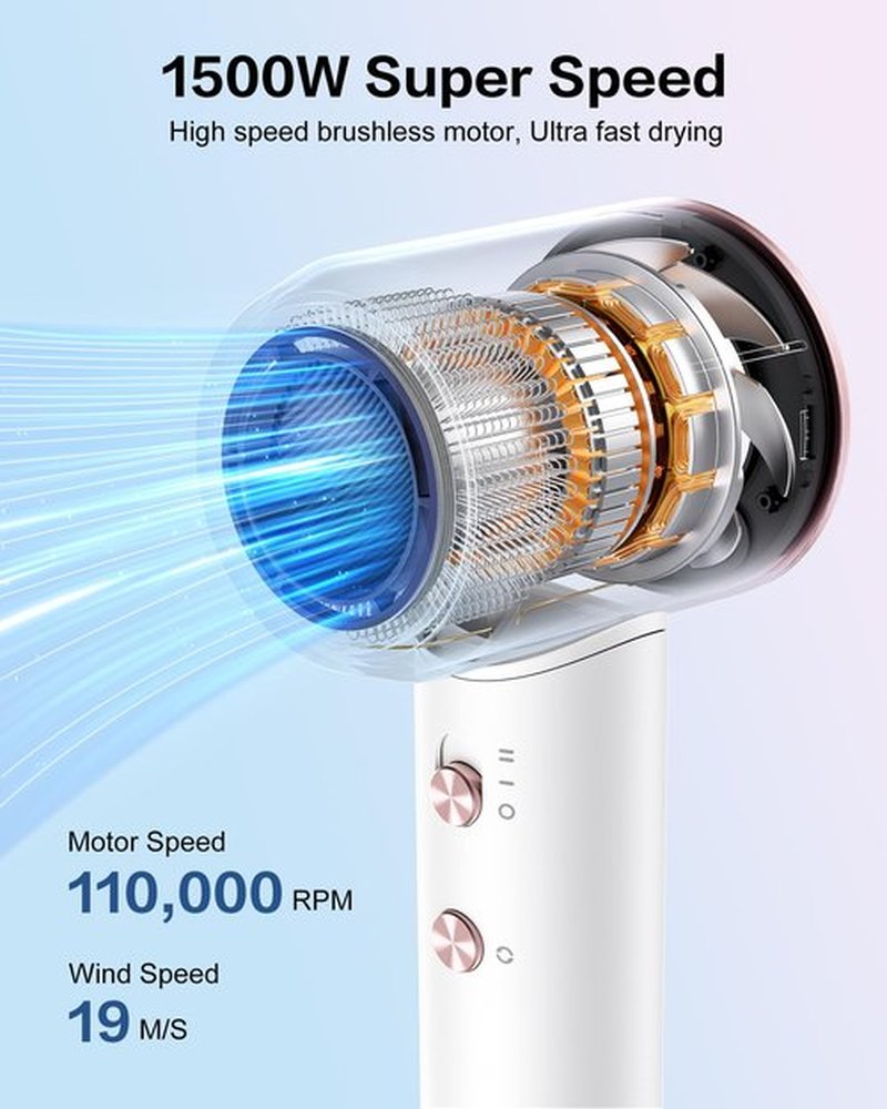 Hair Dryer with Diffuser,High Speed Ionic Blow Dryer 500 Millions Negative Ionic Low Noise,Magnetic Attachments,Thermo Control for Home Travel Salon White