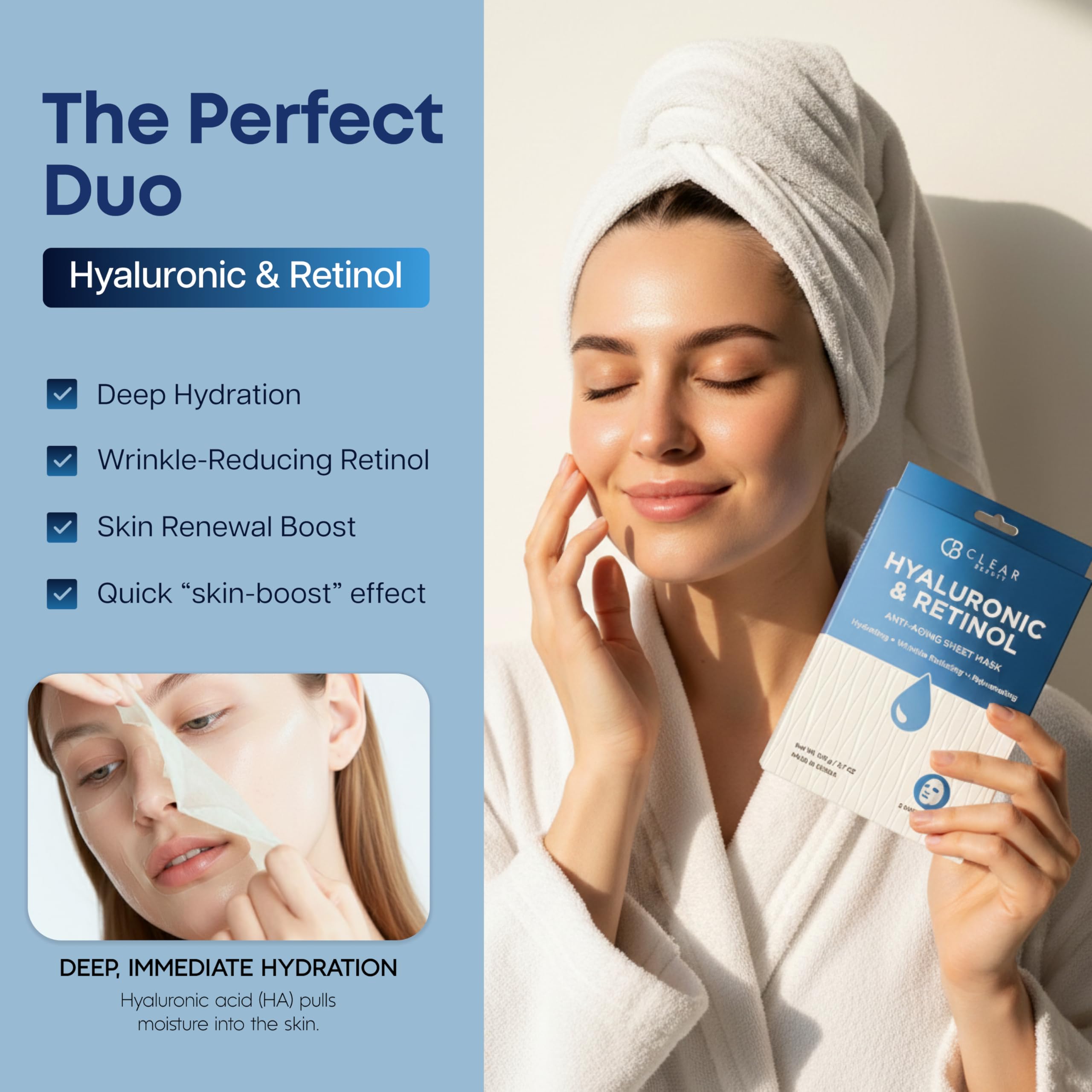 Clear Beauty Sheet Mask with Hyaluronic Acid & Retinol – Hydrating & Anti-Aging Formula For Dry, Dull, Wrinkled Skin – Dermatologist Tested, Korean Skin Care – Vegan Clean Beauty – 5 Sheets