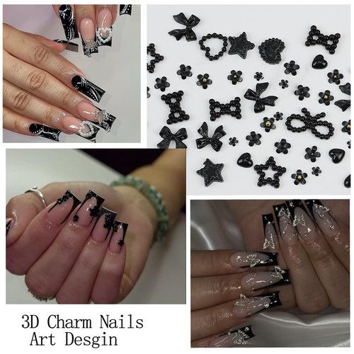 SEMATA 2Boxes 3D Nail Charms and Gems Black White Nail Pearls Rhinestones Flower Nails Charms Decoration for Nails Art Desgin Multi Sizes Sliver Flatback Pearls Bow Star Charm Set for Women