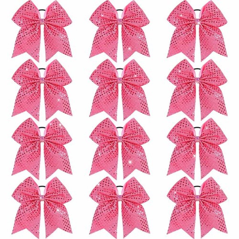 Oaoleer 12pcs Glitter Cheer Bows for Cheerleading, 7” Large Shiny Cheer Hair Bows Ponytail Holder for Cheerleader Girls Softball Sports (Pink)