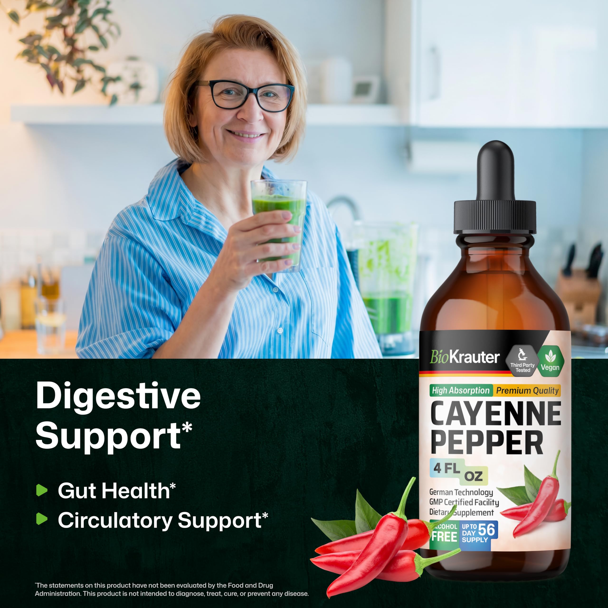 BIO KRAUTER® Cayenne Pepper for Circulatory & Digestive Support - Pure Vegan Capsaicin Supplements - 4 Fl.Oz Cayenne Pepper Drops - Natural Capsaicin, Alcohol & Sugar Free, 56 Days of Supply