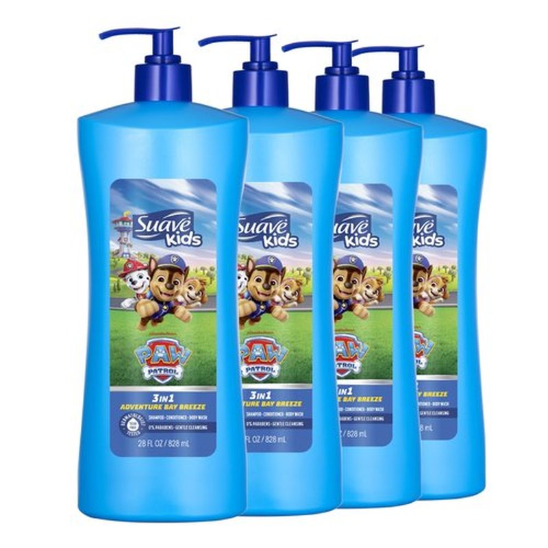 Suave Kids Paw Patrol 3 in 1 Shampoo, Conditioner, Body Wash, Adventure Bay Breeze, Tear-Free & Gentle Dermatologist Tested, 4 Count, 28 FL OZ Pump