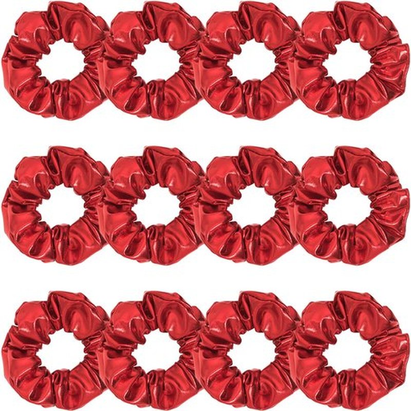 12 Pcs PU Leather Cheer Hair Scrunchies Red Scrunchy School Performance Ponytail Holder Hair Accessories for Cheerleading Teen Girls College Sports (Red)