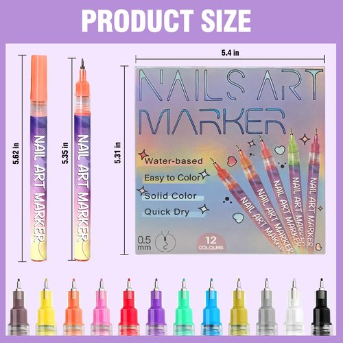 12 Colors Nail Art Pens Set, 0.5mm Fine Tip Acrylic Nail Polish Pens, Quick-Dry Smudge-Proof Waterproof, Smooth Flow for Drawing Outlining Dotting Liner Art, DIY Manicure Gift