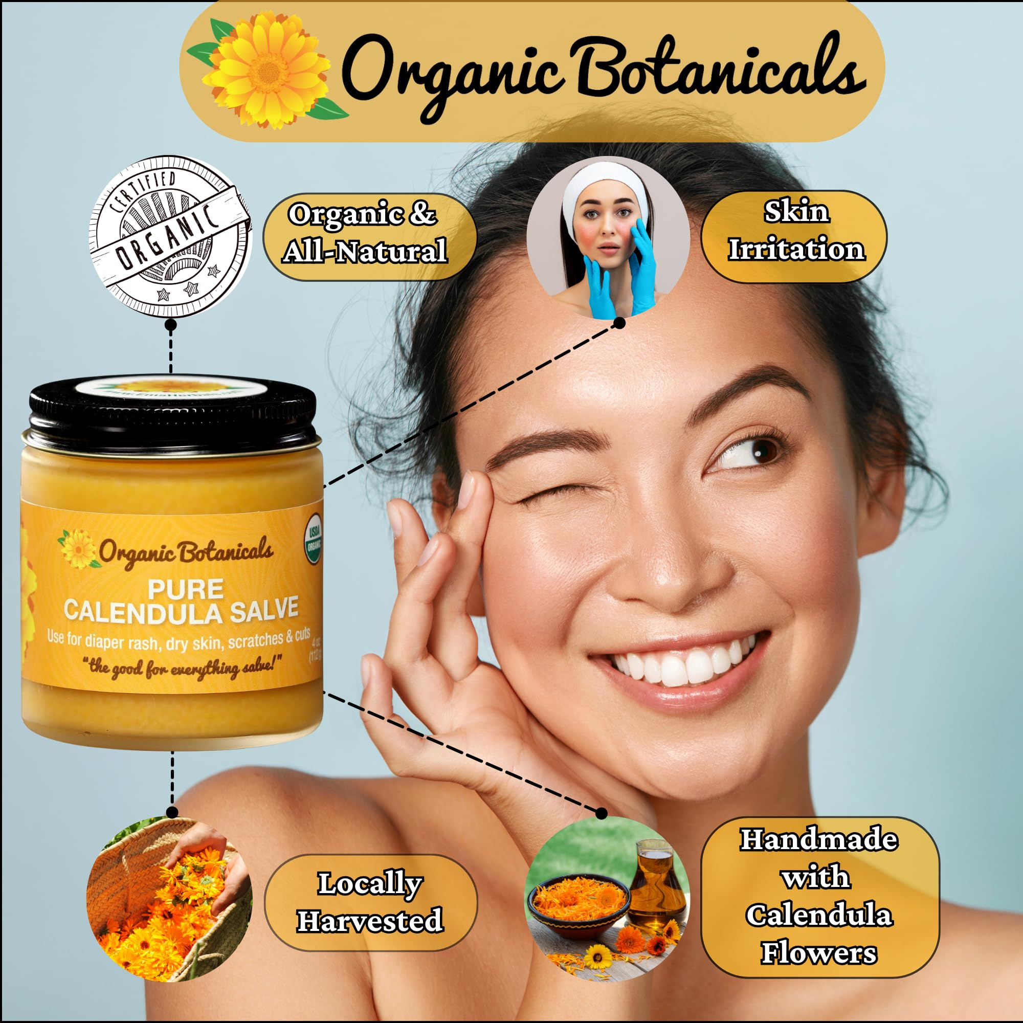 Organic Botanicals Pure Organic Calendula Salve Healing Balm - Calendula Cream Healing Hand Salve Ointment from Local Organic Calendula Flowers, Calendula Gel Eczema Ointment, Certified Organic 4 Oz