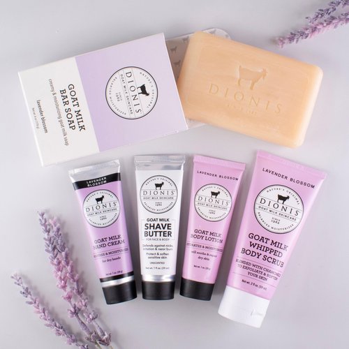 Dionis Goat Milk Lavender Blossom Hand Cream, Body Lotion, Whipped Body Scrub, Shave Butter, Bar Soap 3 oz & Carrying Case 6-Piece Travel Set