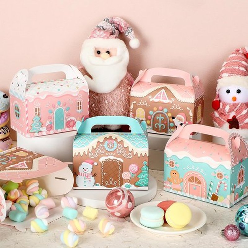 Skiennix Pink Christmas Treat Boxes - 20 Pcs 3D Gingerbread House Design | Cute Gable Goodie Gift Boxes for Snacks & Party Favors