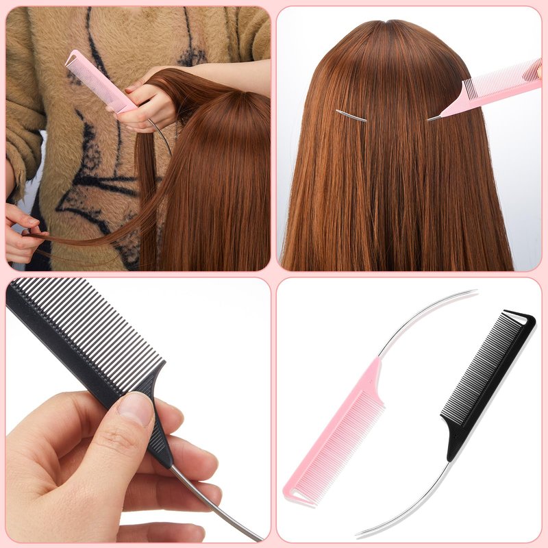 Yoande 12 Pcs C Curved Combs Parting Comb for Braids Hair Rat Tail for Parting Hair Heat Resistant Teasing with Stainless Steel Pintail for Women, Pink, Black