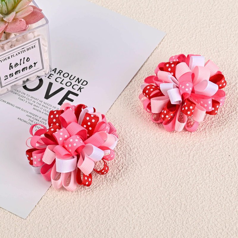 Valentine Hair Bow Clips - Curly Ribbon & Flower Ball Hair Bow Clips Handmade Cheer Alligator Barrette Pins for Kids Girls Grosgrain Ribbon Fireworks Ballflower Accessories (Red/White/Pink)