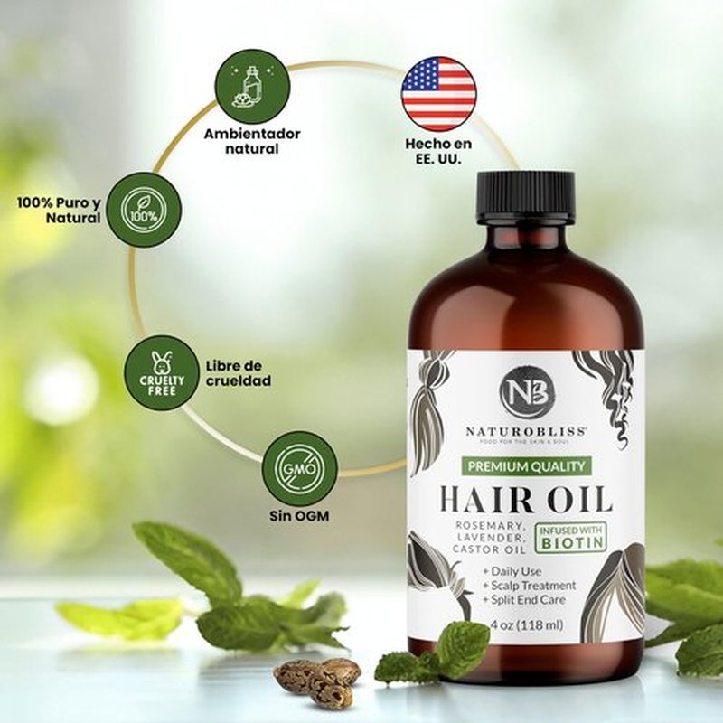 NaturoBliss Castor Rosemary Lavender Hair Oil 100% Pure and Natural-Best Oil for Hair Care, Eyelashes and Eyebrows-Hair and Body Oil-Infused with Biotin-Expeller-Pressed and Hexane-Free (4 Fl Oz)