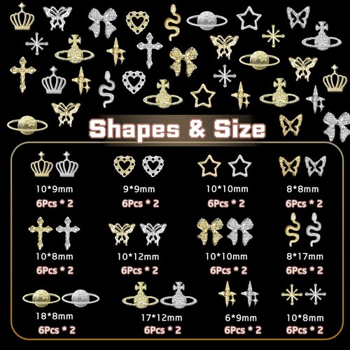 144 Pcs Silver Gold Nail Charms Y2K, 3D Butterfly Bows Planet Nail Gems Charms, Heart Cross Star Metal Nail Jewelry Charms for Nails Art Design DIY Accessories