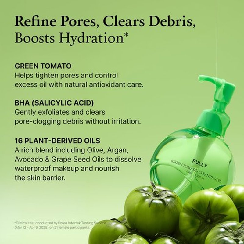 FULLY Green Tomato Pore Cleansing Oil, Daily Oil Cleanser with BHA & Green Tomato for Makeup Removal, Sebum Control, Blackhead Removal for Sensitive Skin, Vegan Korean Skincare, 8.45 fl.oz