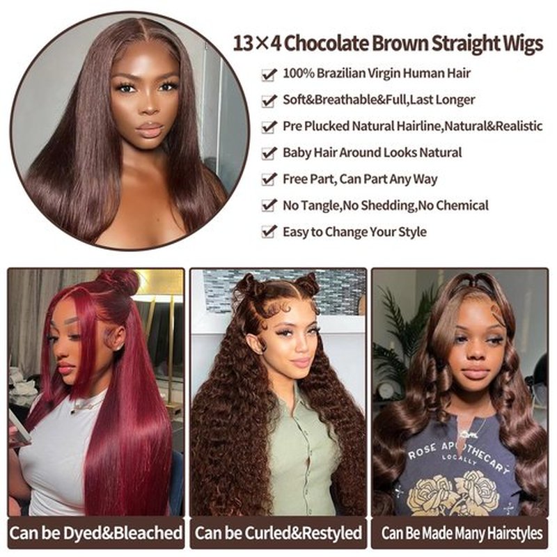 rilago Brown Straight Lace Front Wigs Human Hair 200 Density Chocolate Brown Lace Front Wig Straight 12A 13x4 HD Transparent Full Lace Frontal Wigs Pre Plucked Brown Human Hair Wig 24 Inch