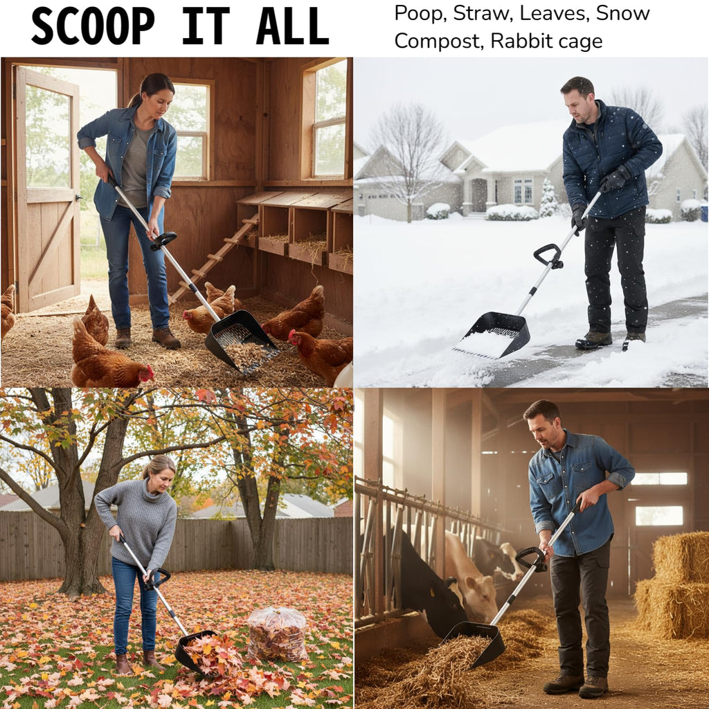 ZyCooom Chicken Poop Scooper & Rake 2-in-1, Adjustable Steel Handle Chicken Poop Shovel (24"-63.7"). Chicken Coop Scoop for Chicken Coop and Pet Poop Cleaning with Ergonomic Grip-Long Slot